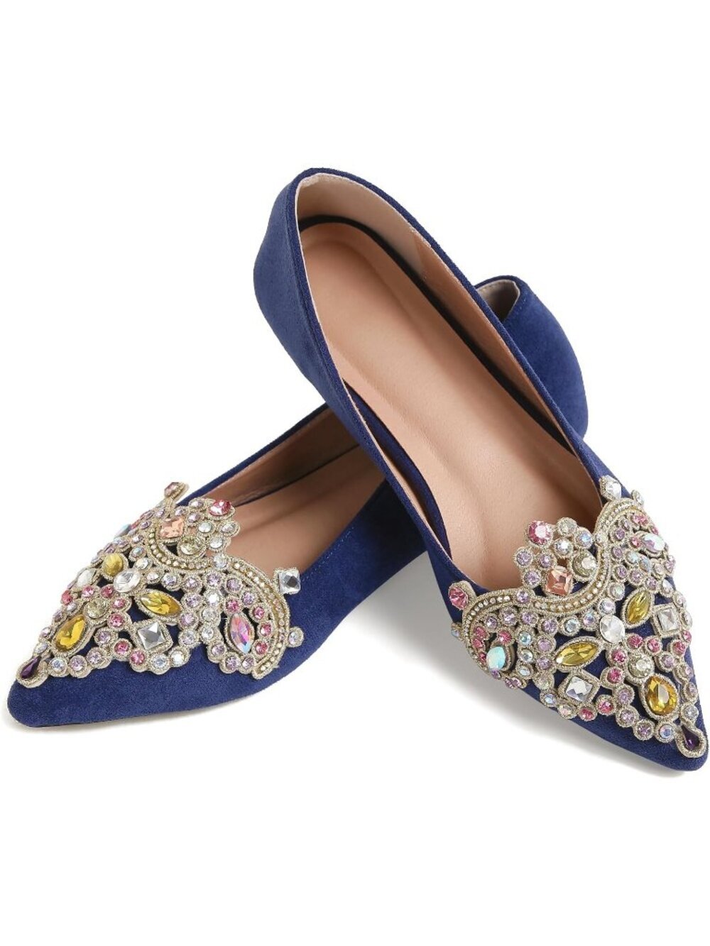Women's Blue Slip On Low Heel Bling Rhinestone Flats Pointed Comfort Shoes